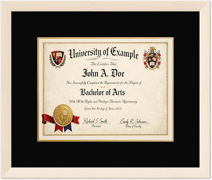 CountryArtHouse Diploma Frame Fits 13 x 10 College Diploma (Traditional) - Keepsake Graduation Display Coastal Whitewash Genuine Hardwood with Black Over Metallic Gold Double mat