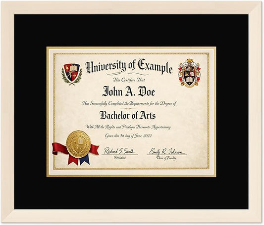 CountryArtHouse Diploma Frame Fits 13 x 10 College Diploma (Traditional) - Keepsake Graduation Display Coastal Whitewash Genuine Hardwood with Black Over Metallic Gold Double mat