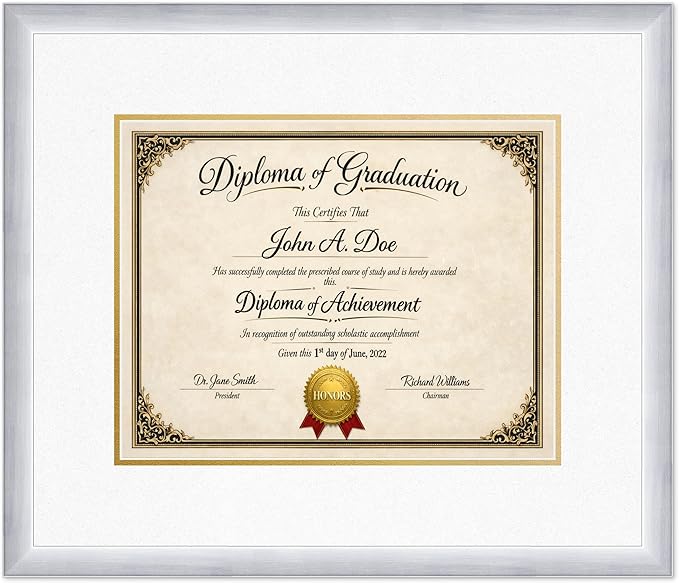Diploma Frame Stainless Silver with Oyster Shell Over Gold Double Mat - Fits 14 x 11 College Diploma (Modern) Wall Display Made in the USA