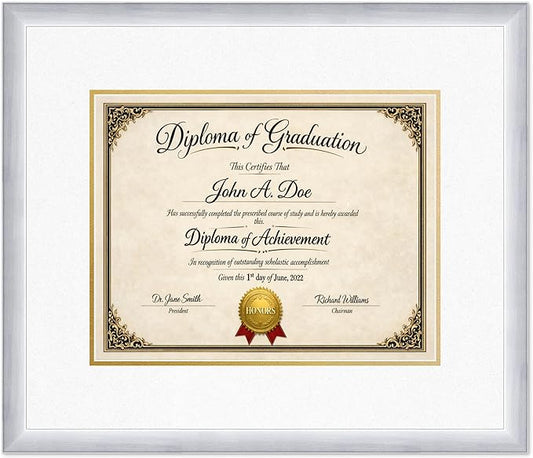 Diploma Frame Stainless Silver with Oyster Shell Over Gold Double Mat - Fits 14 x 11 College Diploma (Modern) Wall Display Made in the USA