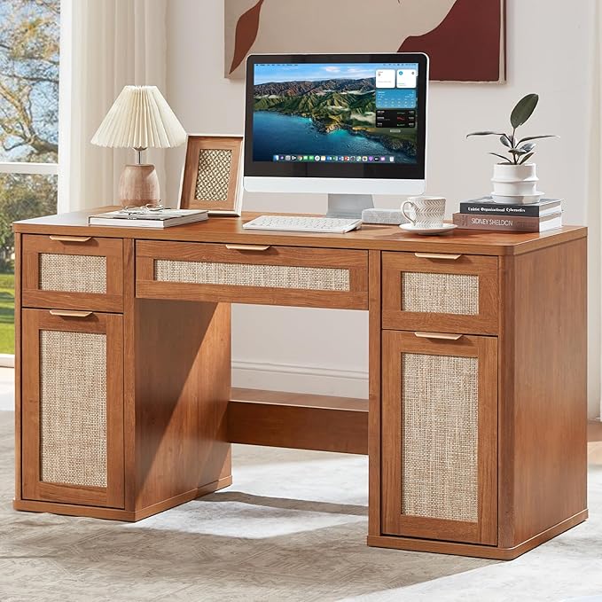 LEYAOYAO Office Desk 56" with 5 Drawers Storage File Cabinet Rattan Wood Desk for Computer Office Bedroom Home Furniture Brown