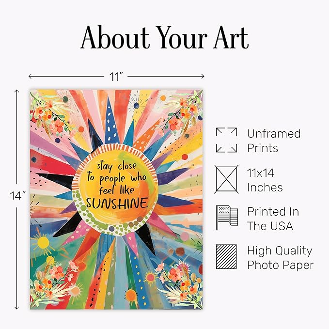 Inspirational Sunshine Wall Art 11x14 - Positive Affirmation Quote Decor for Office & Home - Colorful Motivational Poster for Women - Uplifting Happiness Gift for Bedroom & Living Room - Unframed
