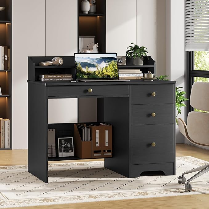 TTVIEW Computer Desk with Drawers and Hutch Shelf, Wood Executive Desk Writing Study Table with 43” Wide Tabletop, Small Desk with File Drawer for Home Office Bedroom, Black