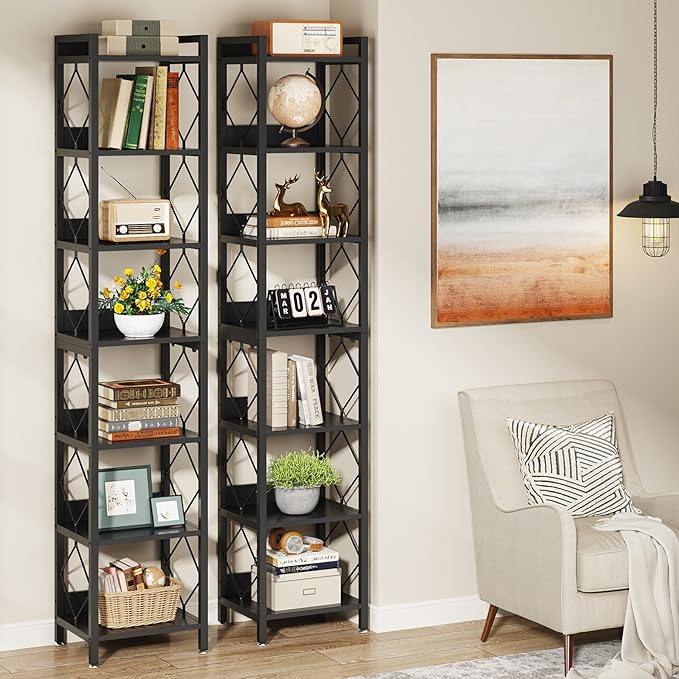 Tribesigns 78.7 Inch Extra Tall Narrow Bookshelf Set of 2, 7 Tier Skinny Bookcase for Small Spaces, Freestanding Display Shelves, Multifunctional Corner Storage Organizer for Home Office, Black