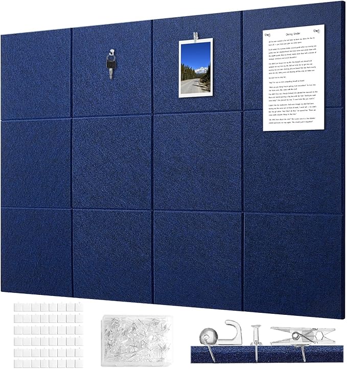 Felt Wall Tiles Bulletin Board Large Cork Board Alternative 12 Pack 11.81”x11.81”x0.47” Felt Pin Board Tack Board with Safe Removable Adhesive Tabs for Home Office School 48x36(Dark Blue)