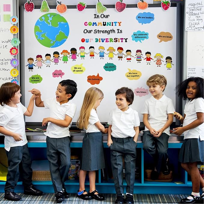 31 Pcs Bulletin Board Decoration Set Classroom Decorations Diverse Children Borders Cutouts for Party School Student Teacher (Our Strength is Our Diversity)