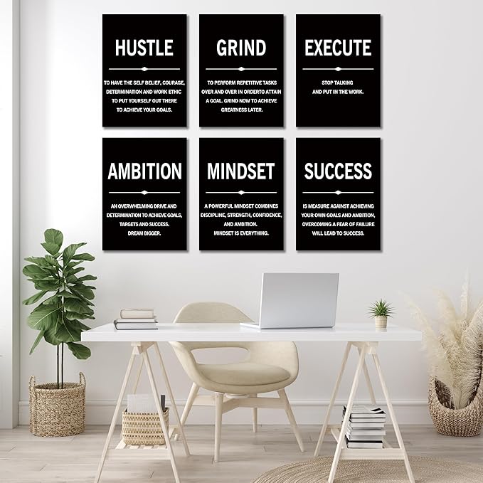 COSCTOR Set of 6 Grind Hustle Execute Motivational Wall Art Picture Decor Canvas Framed for Office Workplace Gym Garage Inspirational Home Posters Ready to Hang(Framed,16x24)