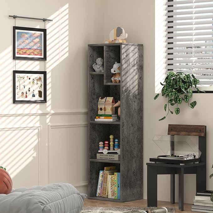 VECELO 4-Tier Bookcase, Modern Storage Cabinet with Height Difference Shelves for Standard Textbooks, 5 Cubes, Vertical or Horizontal, Easy Assembly, Grey