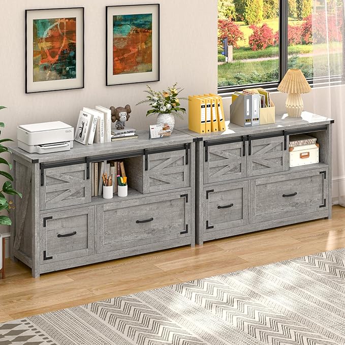 Vabches Lateral File Cabinets 2 Drawer with Sliding Barn Doors, Farmhouse Filing Cabinet with 2 Drawer for Home Office，Filing Organization Storage Cabinets for Hanging Files Letter/Legal/F4/A4.Grey