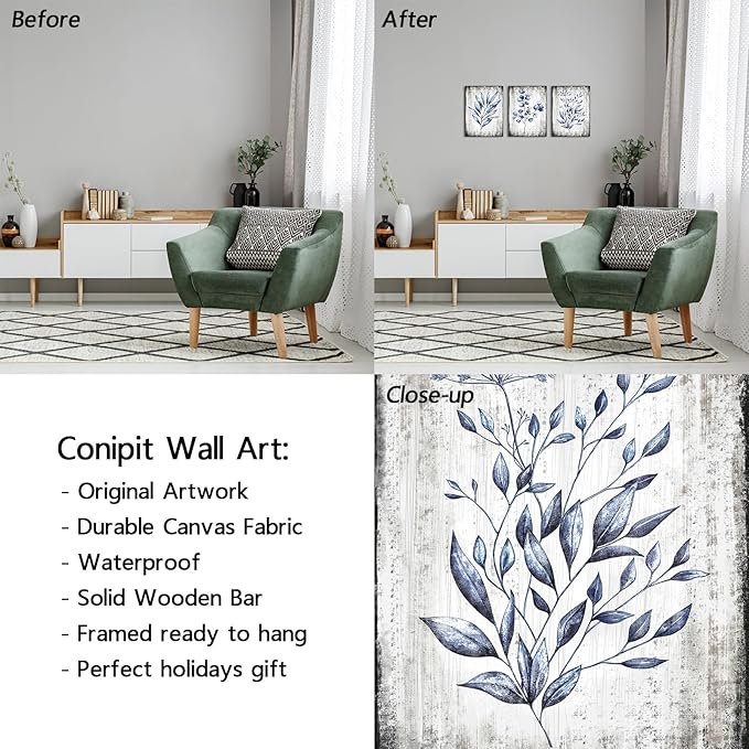 Conipit Navy Blue Botanical Painting Rustic Botanical Wall Art Canvas Minimalist Blue White Leaf Plant Artwork Prints Framed For Living Room Bedroom Wall Decor 12''X16''X3pcs