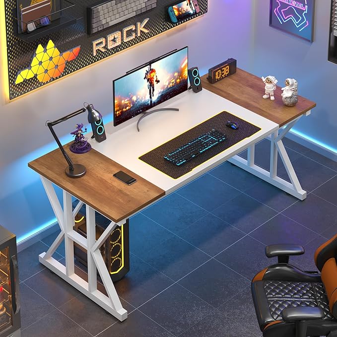 TVU Computer Desk, 55 inch Large Office Desk, Study Writing Table with Thicken Frame, Gaming Desk, Modern Simple Desk for Home Office, Brown/White