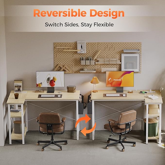 Mericonia Small L Shaped Computer Desk with Power Outlets, Reversible Gaming Desk with Storage Shelves, Corner Gamer Desk Table, Study Writing Table