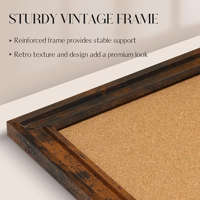 Cork Bulletin Board, 24"x18" Corkboard for Wall with Vintage Brown Wooden Frame, Hanging Pin Board for Home Office Decor, 10 Push Pins