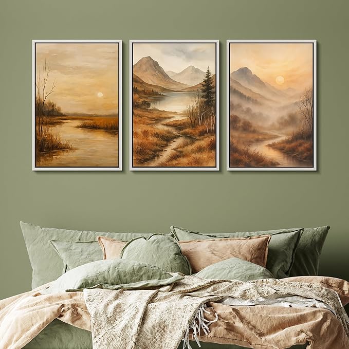 SIGNFORD Framed Wall Art Print Set Golden Hour Mountain River Serene Nature Landscape Digital Art Modern Art Contemporary for Living Room, Bedroom, Office - 16"x24"x3 White