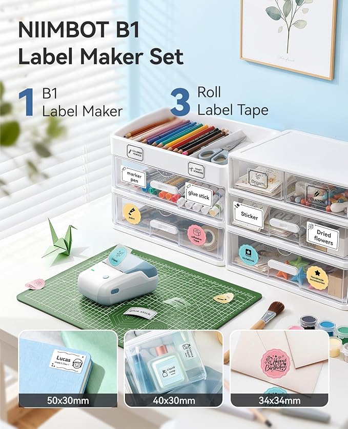 NIIMBOT B1 Label Maker Machine with 3 Tapes, 50x30mm White/40x30mm Clear/34x34mm Round, Bluetooth Thermal Label Printer for Small Business,Office,Home,School (Light Blue, 1 Printer+3 Roll Label)