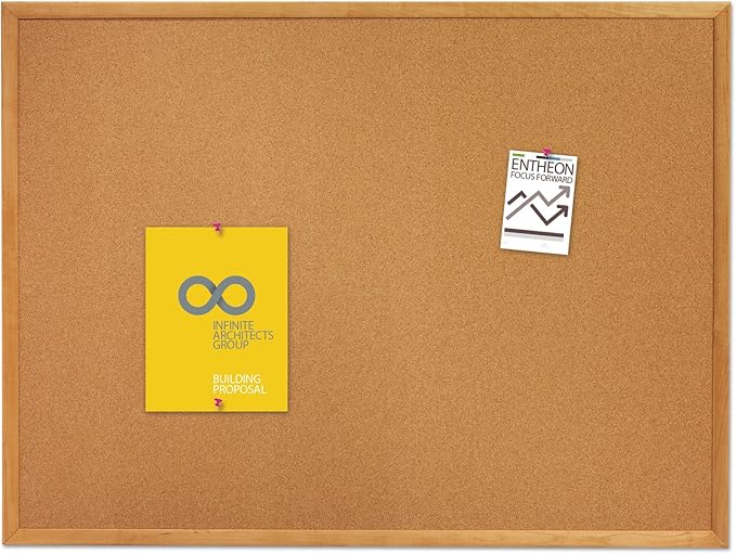 Quartet Cork Bulletin Board 48"W x 36"H Pin Board, Oak Finish Frame (304)