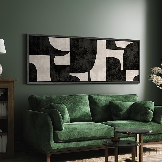 SIGNFORD Large Framed Canvas Black and Beige Geometric Abstract Mid-Century Illustrations Modern Art Calm Warm for Living Room, Bedroom, Office - 60"x20"