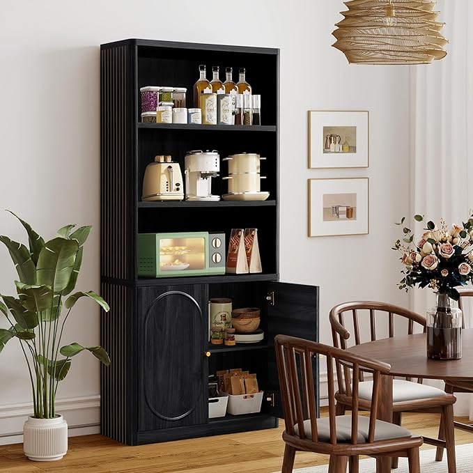 70" Tall Bookshelf, 5 Tier Large Wood Bookcase with Doors, Modern Floor Standing Bookshelves and Bookcases, Open Display Shelves with Storage Cabinet for Living Room, Bedroom, Classroom, Office, Black