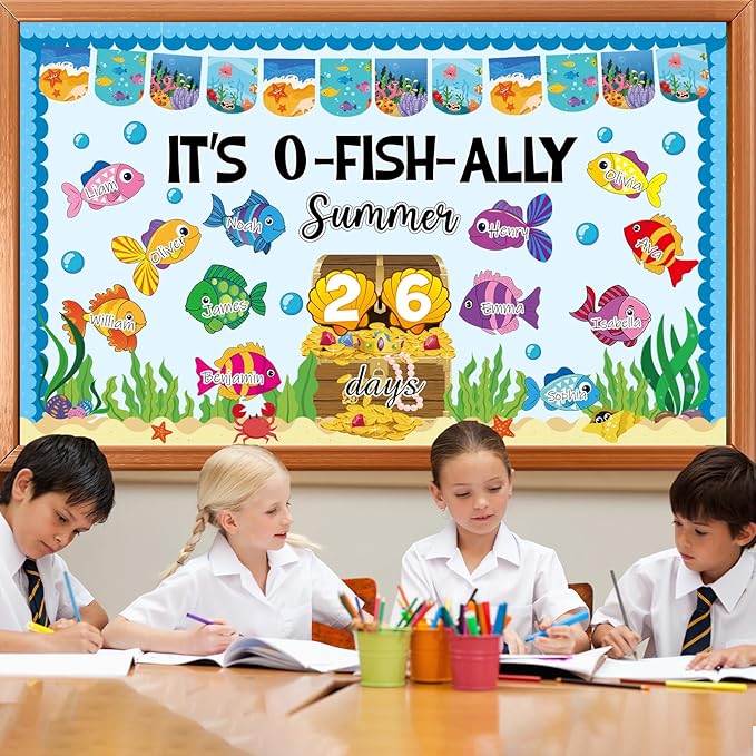 Summer Ocean Count Down Bulletin Board Decorations O-Fish-Ally Summer Days Paper Cutouts End of Year Tropical Marine Fish Bulletin Board Set for Classroom School Home Wall Decor Supplies