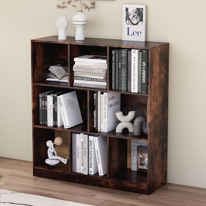 8 Cube Wooden Bookshelf with Base,3-Tier Freestanding Open Storage Organizer,Multi-Functional Bookcase for Living Room,Bedroom,Study and Office