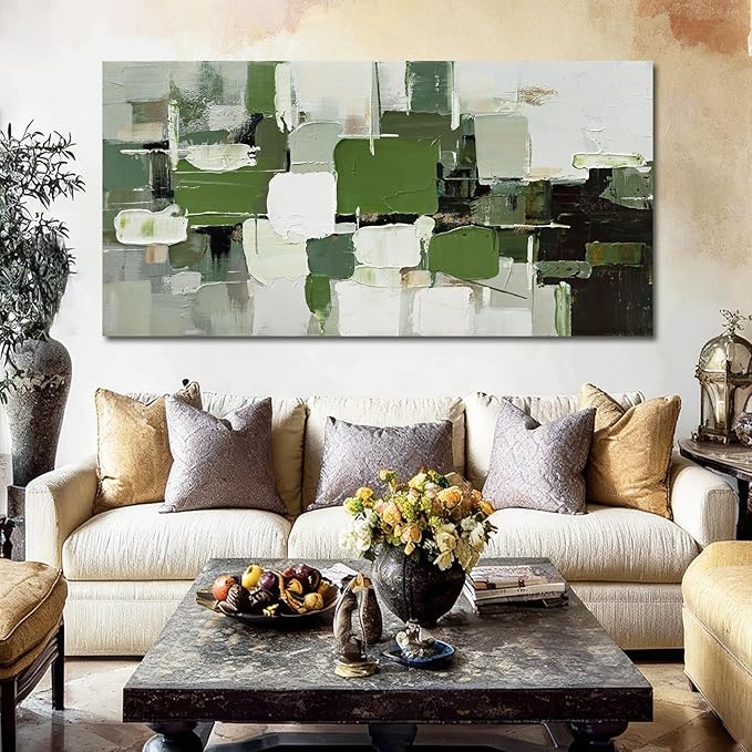 ZUNARE Contemporary Abstract Canvas Wall Art Geometric Block Print in Green White Black and Gray, Minimal Modern Artwork for Living Room Bedroom Office Kitchen 29"x58"