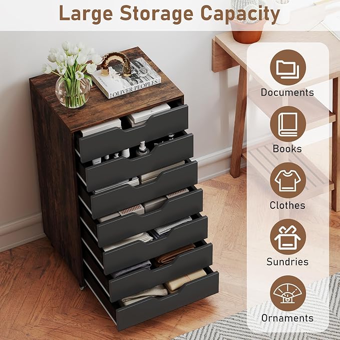 7 Drawer File Cabinet, 34.5" Vertical Storage Drawer Cart, Under Desk Office Organizer, Wooden Printer Stand, Rolling Filing Cabinet for Home Office (Rustic Brown)