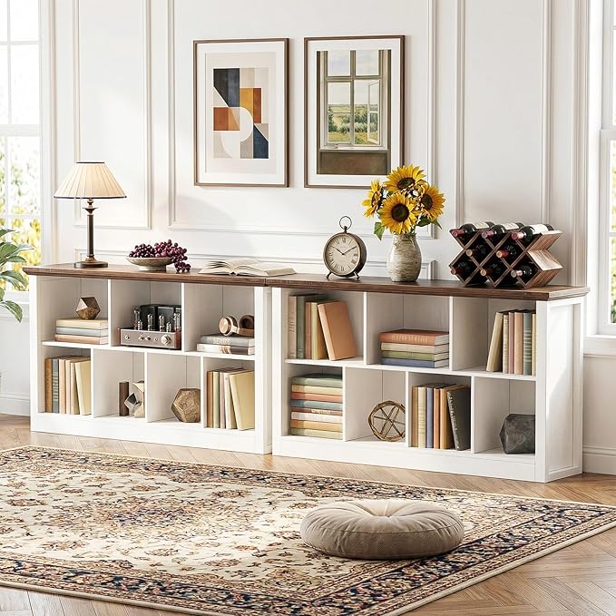 Unikito 7 Cube Storage Book Shelf - 50" Wide Wood Cube Storage Organizer, Wooden 2 Tiers Floor Standing Low Bookcase for Living Room, Bedroom, Home Office, Kids Room