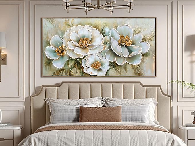 Arjun Framed Canvas Wall Art for Bedroom, Vintage Gold Flower Painting Living Room Textured Floral Large Artwork Picture Dining Room Kitchen Home Office Wall Decor, 40"x20"