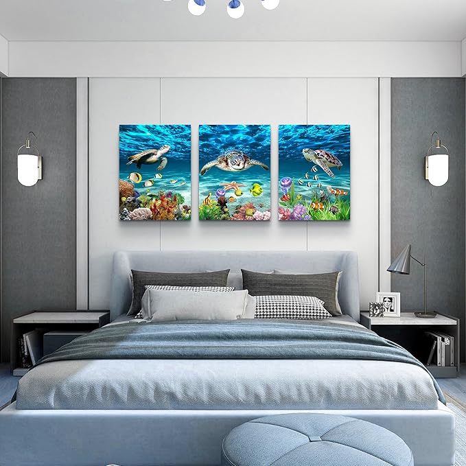 Lapremoly Large Canvas Wall Art for Living Room Wall Decor for Bedroom Bathroom Wall Decoration Ocean Sea Turtle Scenery Paintings Modern Pictures Artwork office Ready to Hang Home Decor 3 Pieces