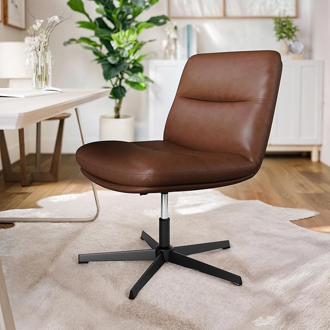 Flash Furniture Chloe Commercial Mid-Back Swivel Office Chair, Wide Design, Padded LeatherSoft, Adjustable Height, Ergonomic Mid-Rise Back, Armless, Cognac/Black