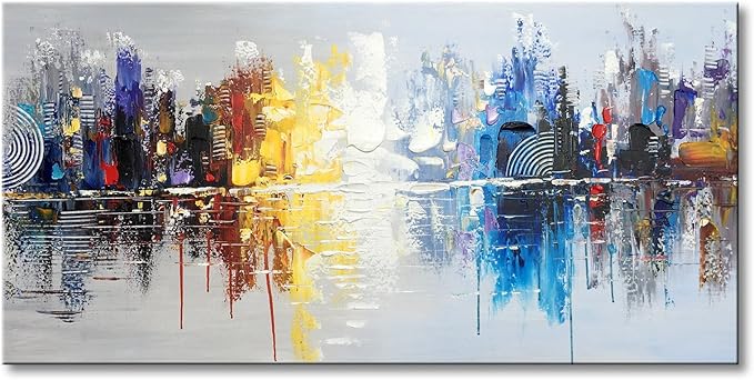 Hand Painted Cityscape Modern Oil Painting on Canvas Reflection Abstract Wall Art Decor (48 x 24 inch)