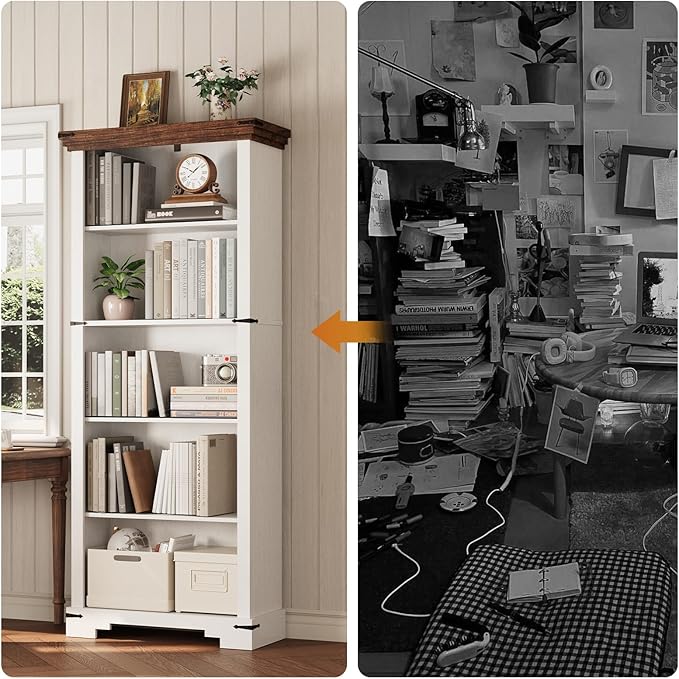 5-Tier Farmhouse Bookshelf, 61.1 inch Tall Bookcase with Storage & Unique Design & One Adjustable Shelf, Wooden Bookshelf for Study Room, Living Room, Home Office, Bedroom (White)