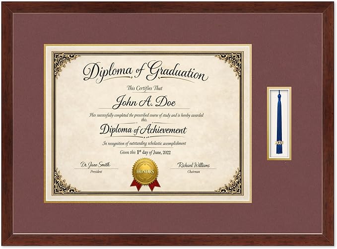 Diploma Frame with Tassel Holder Rustic Walnut Shadowbox Dark Red Over Gold Mat - Fits 17 x 13 Degree Made in the USA