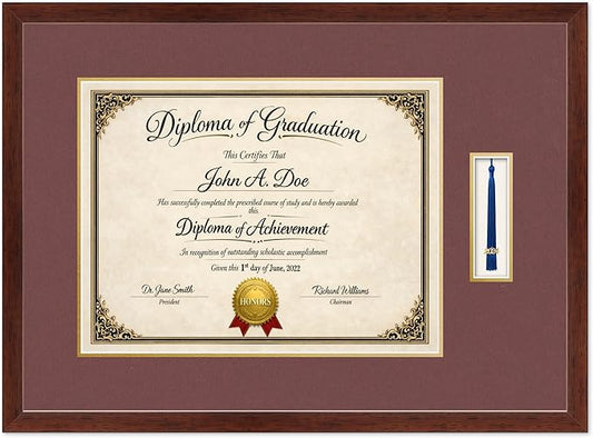 Diploma Frame with Tassel Holder Rustic Walnut Shadowbox Dark Red Over Gold Mat - Fits 17 x 13 Degree Made in the USA