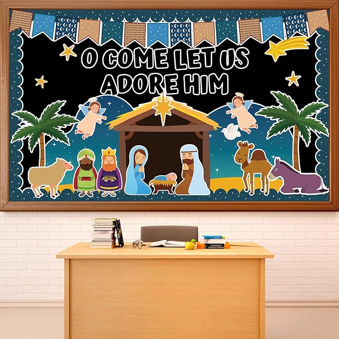 Religious Christmas Bulletin Boards Christian Nativity Scene Bulletin Board Decorations Set Jesus Birth Bible Classroom Decor Paper Border Cutout for Sunday School Church Chalkboard Wall