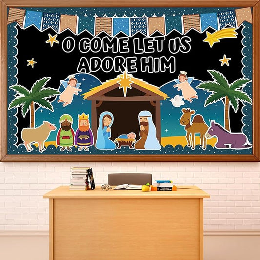 Religious Christmas Bulletin Boards Christian Nativity Scene Bulletin Board Decorations Set Jesus Birth Bible Classroom Decor Paper Border Cutout for Sunday School Church Chalkboard Wall