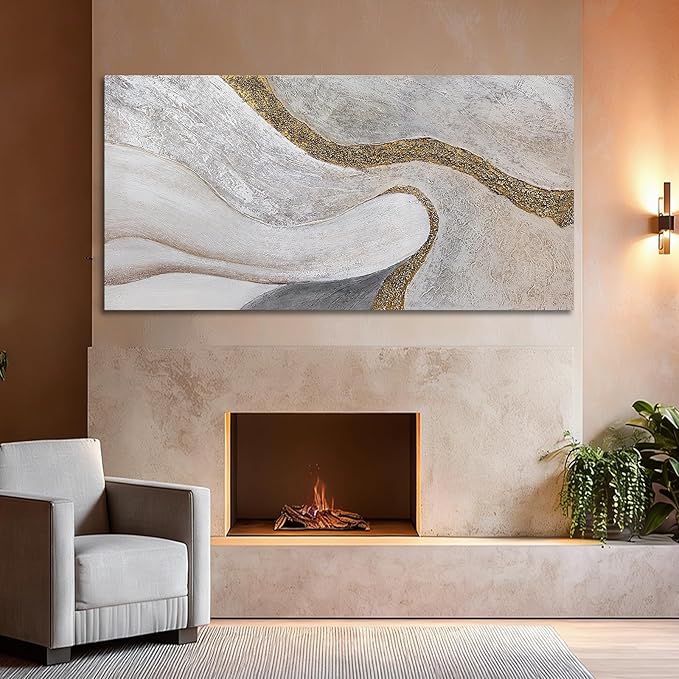 ZUNARE Modern White and Gold Abstract Canvas Wall Art Textured Posters Picture Flowing Line Design Minimalist Artwork for Living Room Bedroom Office Neutral Wall Decor 24x48 Inch