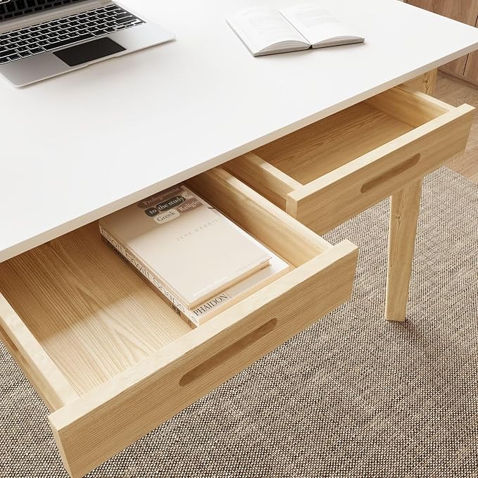 40 Inch Compact Computer Gaming Desk, White Study Work Office Desk with 2 Storage Drawers, Rectangular Study Reading Table, Simple Computer Writing Table for Home Office, Living Room
