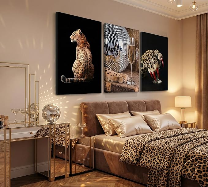SOUHLP 3Pcs Leopard Canvas Wall Art Elegant Leopard Prints Artwork Modern Disco Ball and Claw Wall Decor for Living Room Bedroom Girls Bedroom Office Home Decoration 16x24in