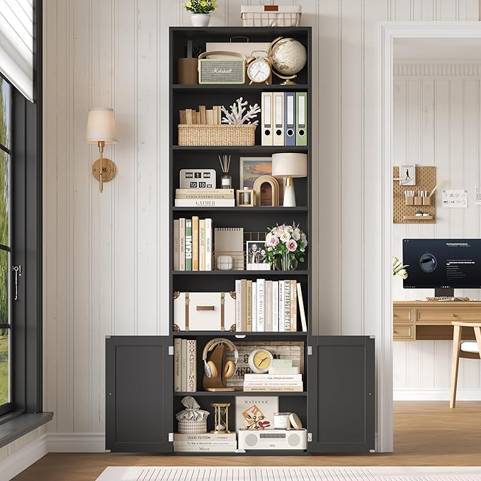 FACBOTALL 82" Tall Bookcase and Book Shelf, 24" Wide Bookshelf with Doors, 7 Tier Bookcase with Storage and Adjustable Shelf, Open and Display Farmhouse Bookshelf for Living Room, Home Office, Black