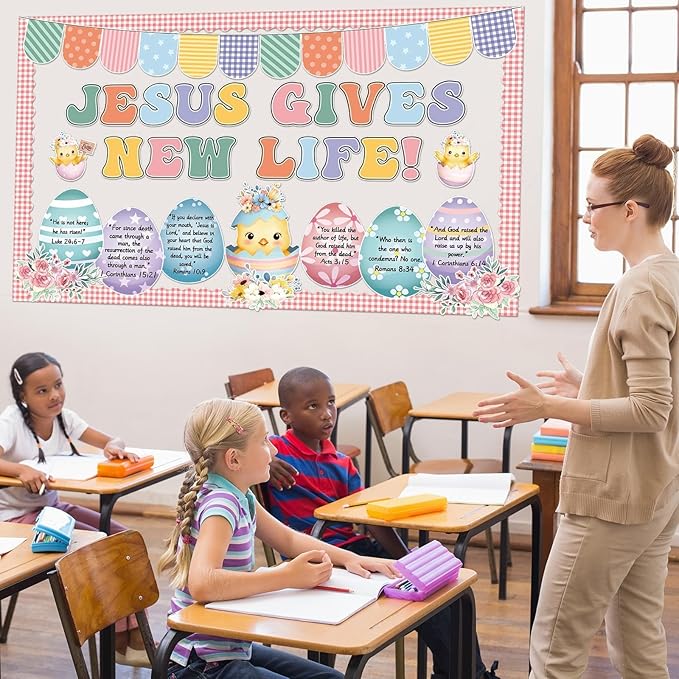 Easter Bulletin Board Set Easter Egg Religious Quotes Classroom Decoration Jesus Gives New Life Flowers Bulletin Board Christian Egg Cutouts for Spring Church Sunday School Chalkboard Home Wall Decor