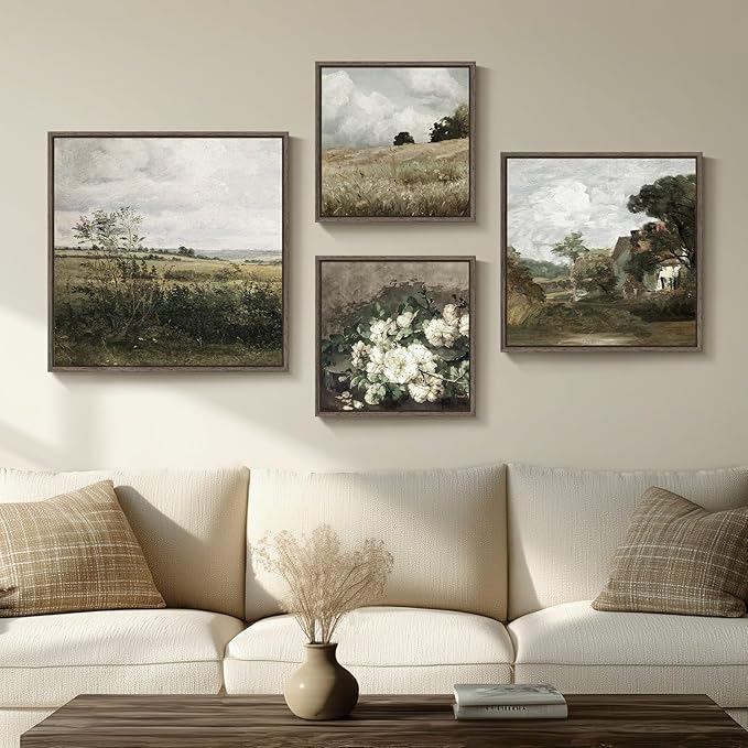 4 Piece Framed Vintage Landscape Wall Art for Living Room, Large Rustic Farmhouse Canvas Pictures Artwork for Walls, French Country Botanical Prints Paintings for Bedroom and Dining Room Wall Decor