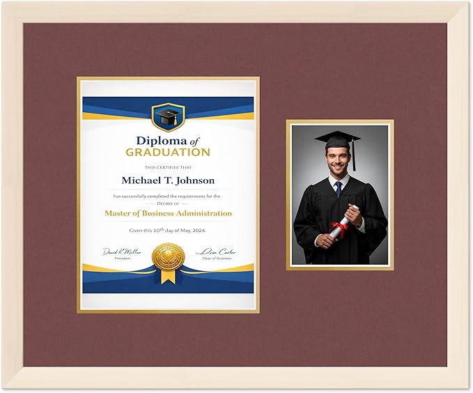 Diploma Frame With Photo Opening Coastal Whitewash Dark Red Over Gold Mat - Fits 8.5 x 11 Degree and Picture Made in the USA