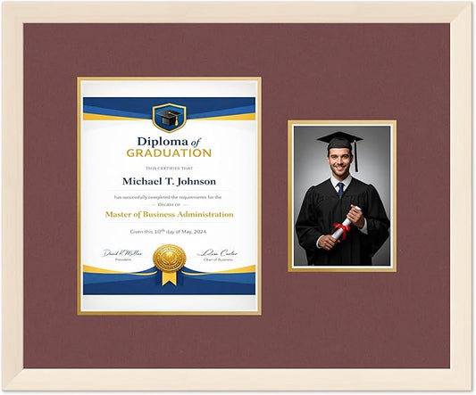 Diploma Frame With Photo Opening Coastal Whitewash Dark Red Over Gold Mat - Fits 8.5 x 11 Degree and Picture Made in the USA