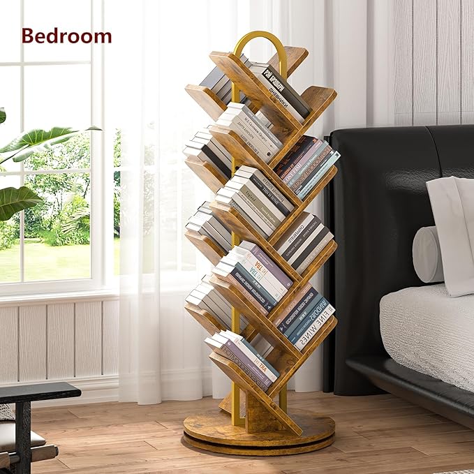 TVU 16-Tier Tree Rotating Bookshelf, 360 Degree Spinning Standing Bookcase for Magazines DVDs Books, Corner Bookcase for Living Room Bedroom Study, Rustic Brown