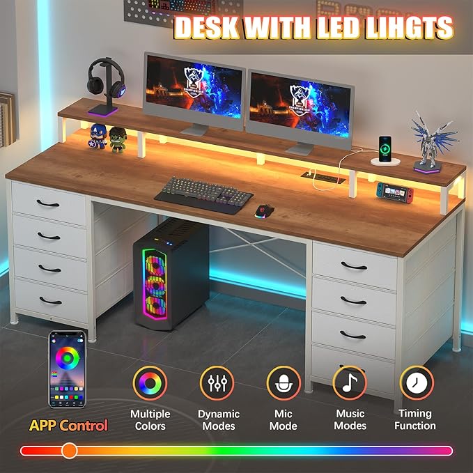 60 Inch Computer Desk with 8 Fabric Drawers, Gaming Desk with LED Lights & Power Outlets, Home Office Desk with Monitor Stand, Brown and White