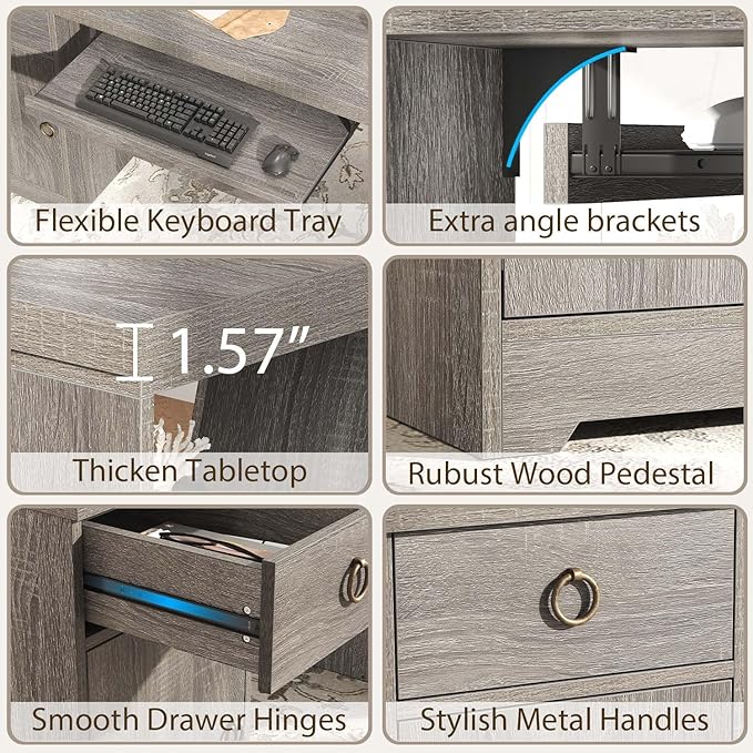 HSH 55" Office Computer Desk with Drawers, Farmhouse Grey Executive Desk with Storage Shelves and Cabinet, Modern Wooden Computer Table Teacher Desks with Keyboard Tray for Home Writing Work Study