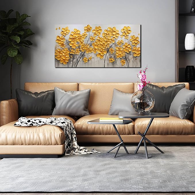 SKYRISE Abstract Gold Yellow Floral/Flower Wall Art Decor for Living Room, Modern Canvas Art Decorative-Picture Print Artwork for Bedroom Office, Size 40x20 Inches