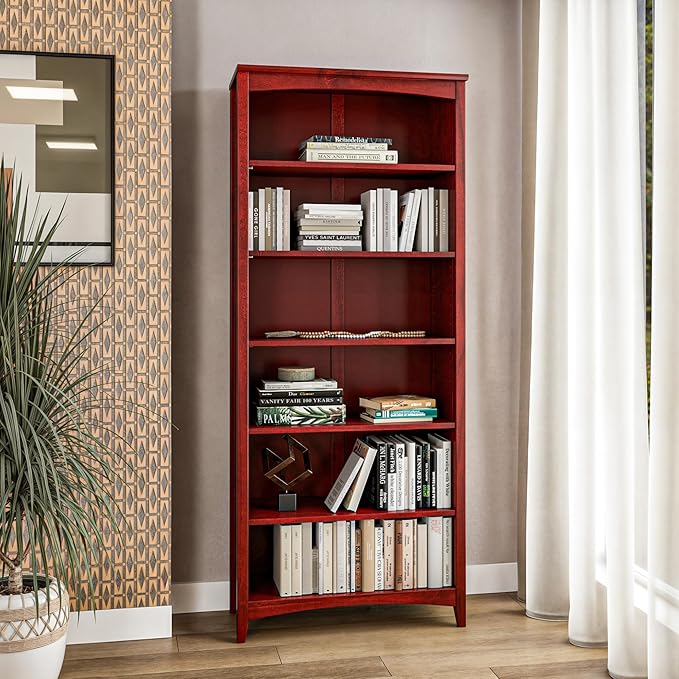 Camaflexi Shaker Style 6 Shelf Bookcase/Solid Wood / 72" High/Adjustable Shelving/Closed Back/Display Bookshelf for Living Room, Bedroom, Home and Office, Red Garnet Stain