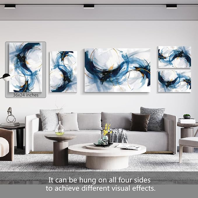 gaosoul Modern Abstract Canvas Wall Art Vibrant Blue Gold Lines Doodled on White Background Paintings Stylish Framed Minimalism Artwork Prints for Living Room Bedroom Office Decor 36x24in